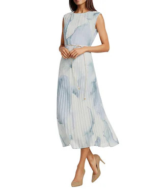 Chiffon Crew Neck Cap Sleeve Pleated Belted A-Line Midi Dress | Dillard's