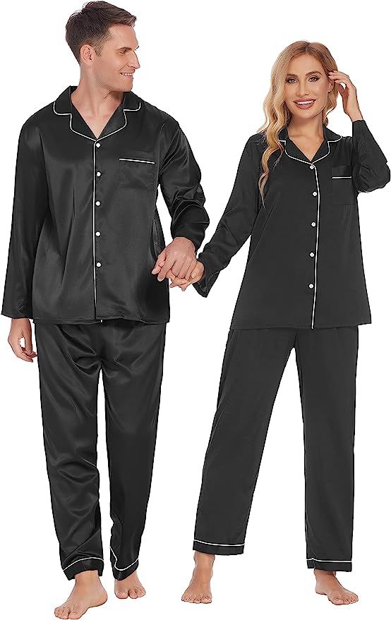 Ekouaer Couples Matching Pajamas Silk Long Sleeve Sleepwear Satin Soft Button Down Loungewear Pjs... | Amazon (US)