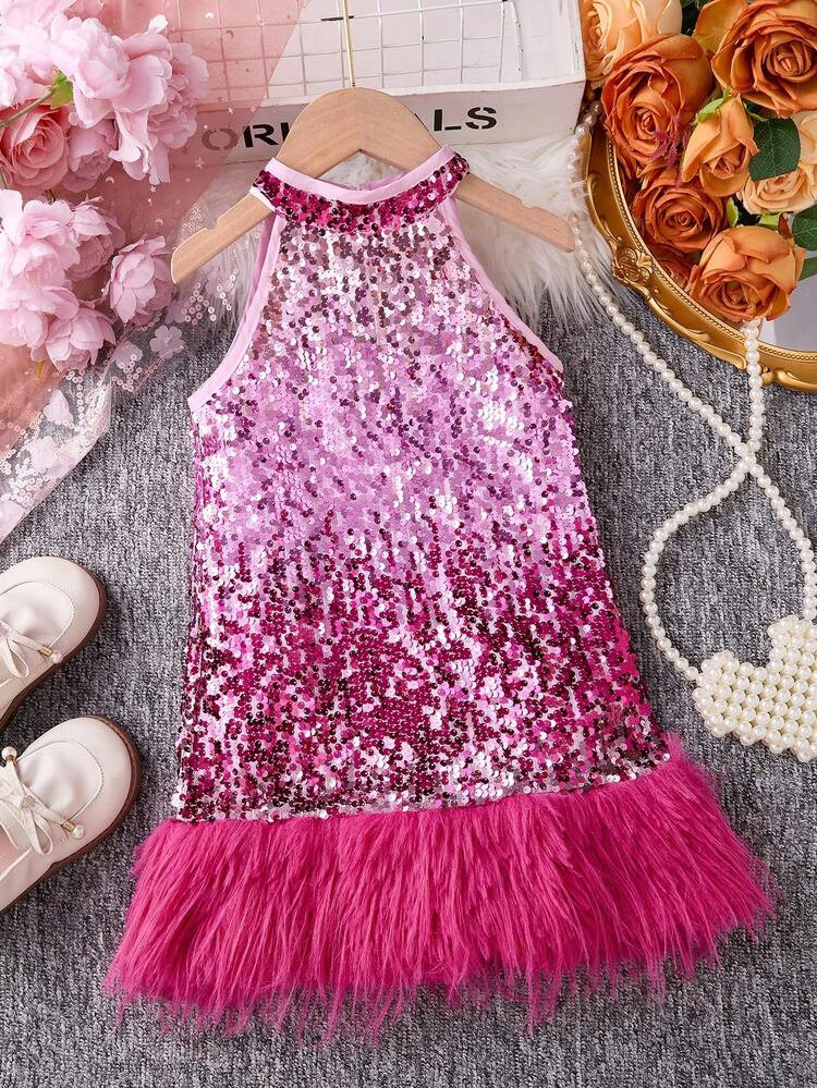 Glamorique Kids Halter Pastel Pink Sequin Dress For Girls,Summer Princess Sparkly Glitter Fringe ... | SHEIN