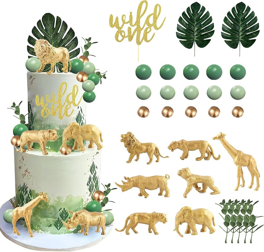 30 PCS Gold Safari Jungle Animals Cake Toppers with Wild One Balls Cake Decorations for Birthday ... | Amazon (US)