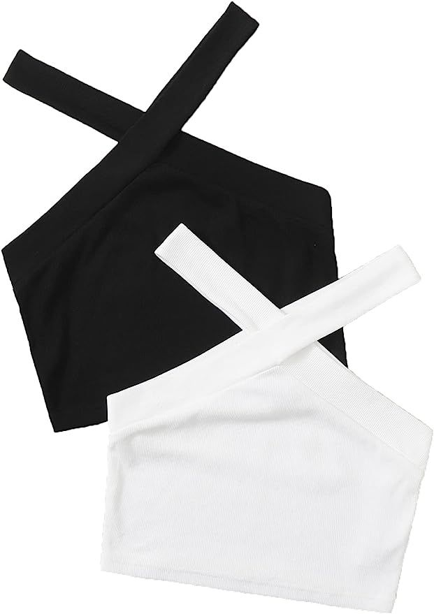 Romwe Women's 2 Pack Camisole Ribbed Criss Cross Solid Halter Crop Tops | Amazon (US)
