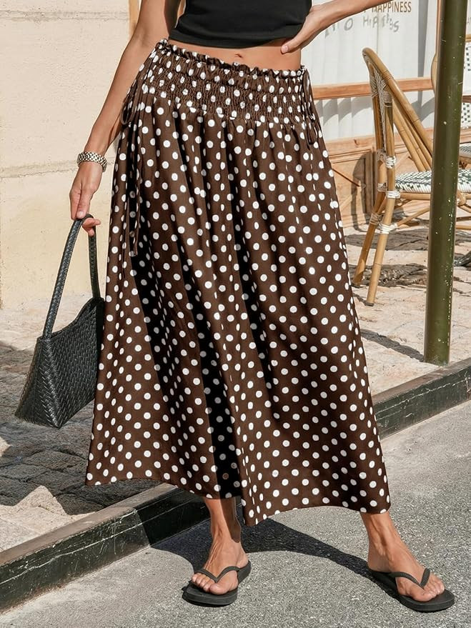 Tankaneo Womens Polka Dot Maxi Skirts Boho Smocked High Waisted Tie Skirt Casual Beach Vacation D... | Amazon (US)