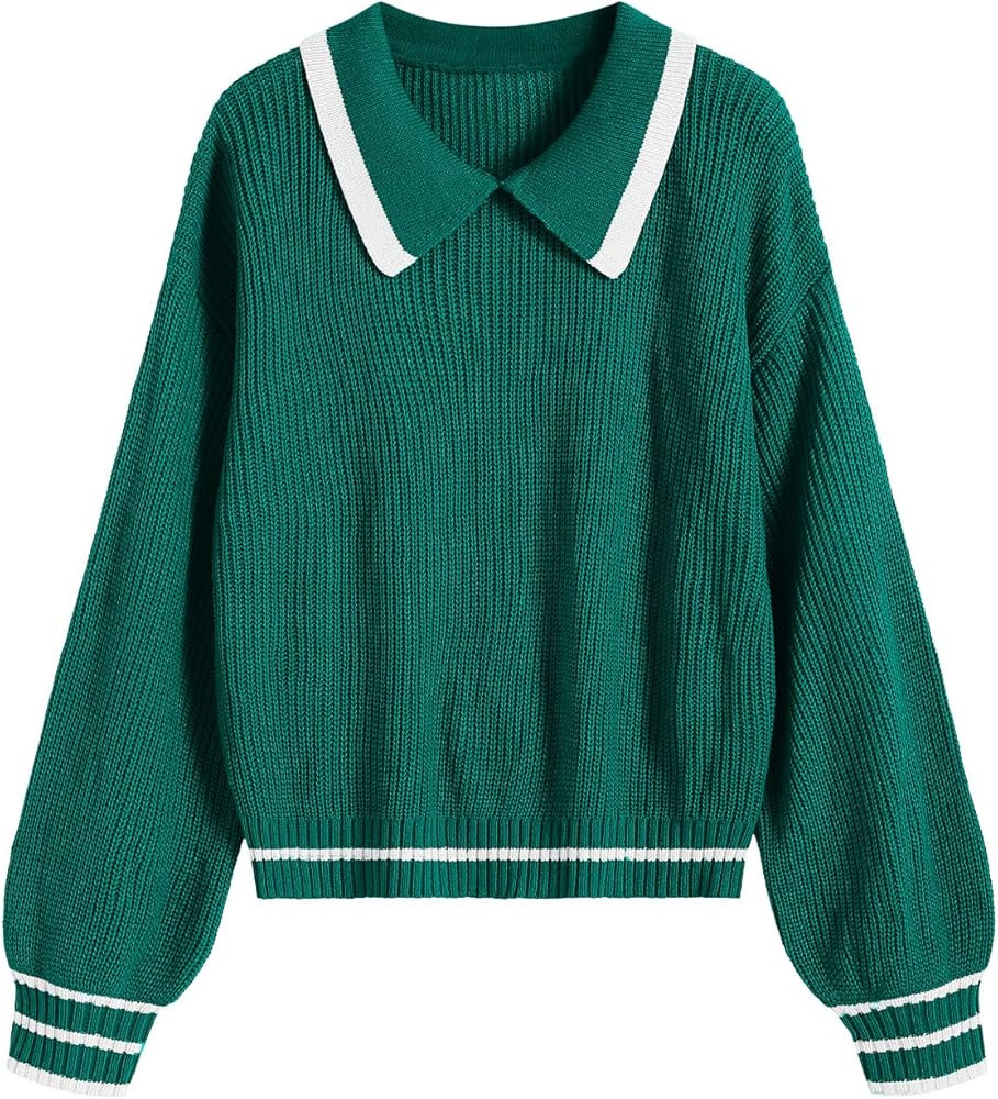 ZAFUL Womens Cute Y2K Sweater Lapel Crewneck Pullover Jumper Tops Bishop Sleeve Baggy Preppy Crop... | Amazon (US)