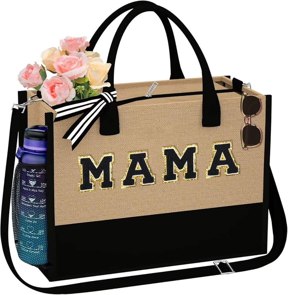 QLOVEA Chenille Patches Canvas Tote Bag with Zipper Pocket Adjustable Strap Travel Beach Bag Wedd... | Amazon (US)