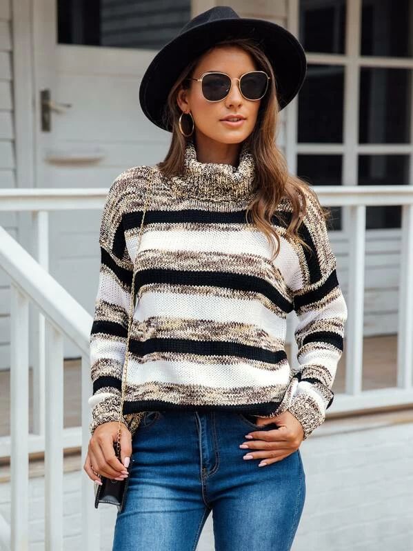 High Neck Space Dye Striped Sweater | SHEIN