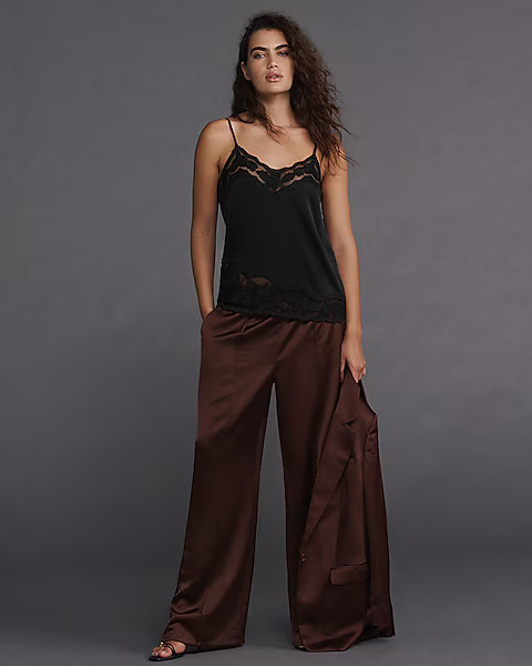 High Waisted Satin Pintuck Pull On Trousers | Express