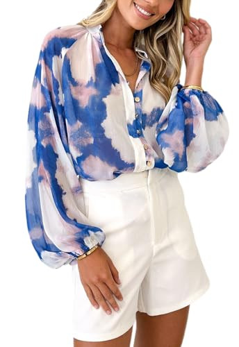 Sissyaki Women's Long Sleeve Floral Print Blouse Boho Button Down Shirts Blue-Watercolour M | Amazon (US)