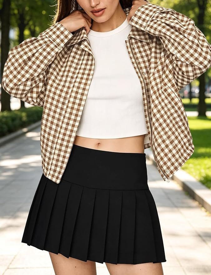Women's Gingham Bomber Jacket Oversized Long Sleeve Cropped Coat | Amazon (US)