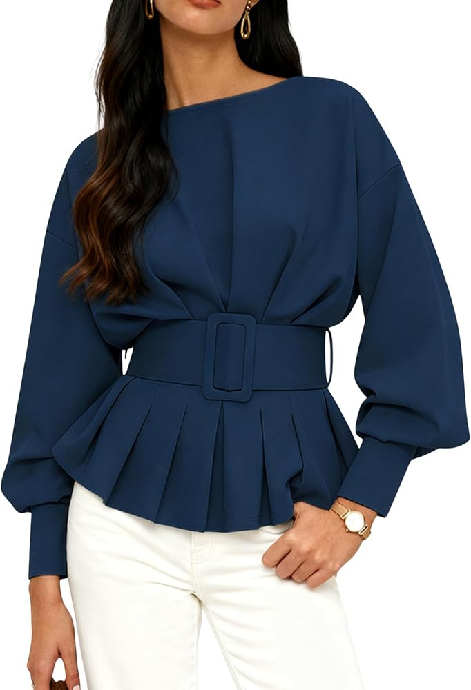 EsheSy Women's Peplum Sweatshirt Long Sleeve Boat Neck Button Cuffs Pleated Top Casual Pullover T... | Amazon (US)