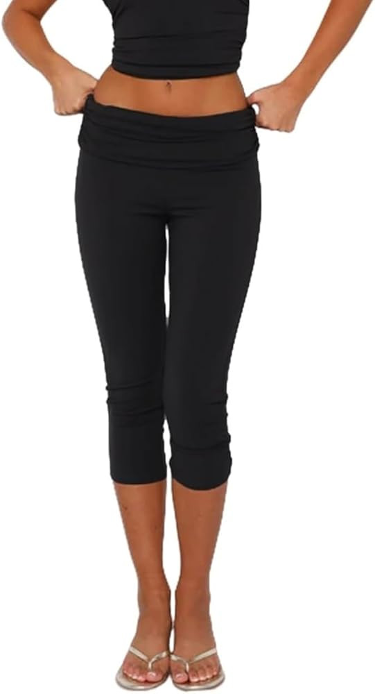 Adoeren Women Fold Over Capri Pants Low Rise Knee Length Stretch Ruched Yoga Teamwear Y2k Going O... | Amazon (US)