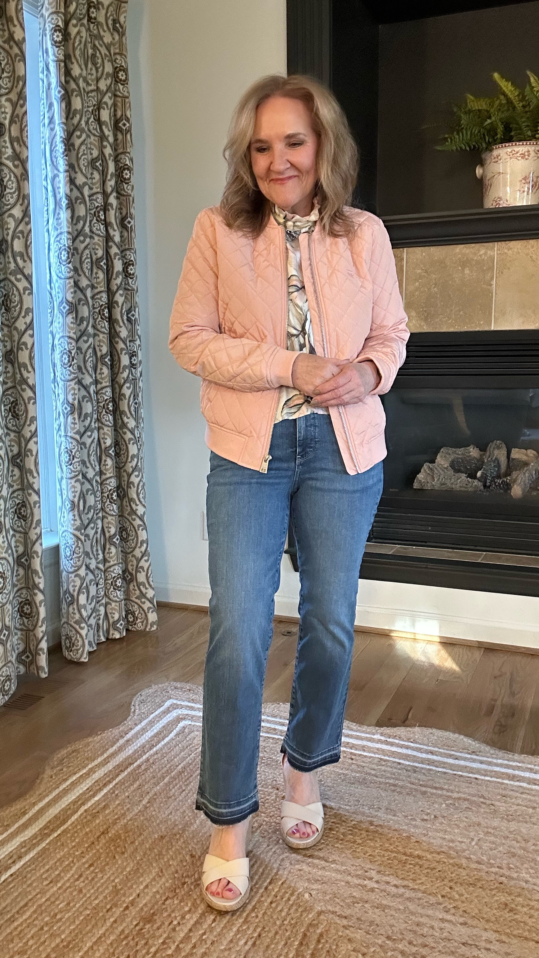 Pink quoted bomber size medium. It does run small so size up if in between. 
Jeans run true to size. NYDJ at major savings! 
Pretty peplum top size medium also has a skirt that matches! 

Super comfy wedges. Highly recommend these. By vionic. 

@nordstromrack #nordstromrackpartner 
Spring outfits #rackscore spring denim fashion date night Easter 

#LTKWatchNow #LTKOver40 #LTKFindsUnder50