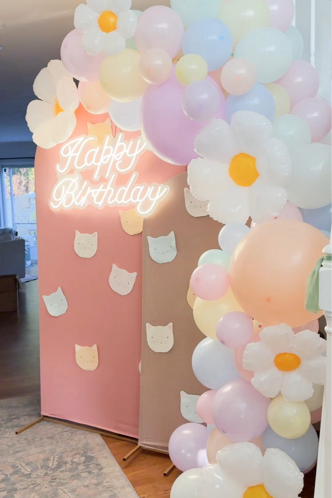 Cutie pastel flower birthday party backdrop setup from the toddler cat themed birthday party we threw this weekend! 

#LTKKids #LTKParties #LTKFindsUnder100