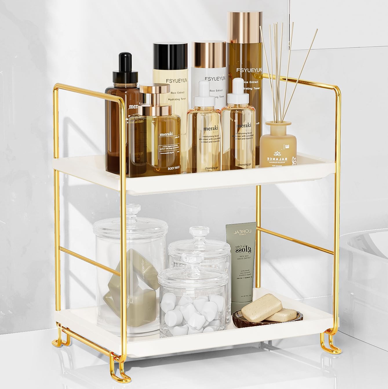 FSyueyun 2-Tier Bathroom Countertop Organizer, Tool-Less Installation Premium Plastics Makeup She... | Amazon (US)