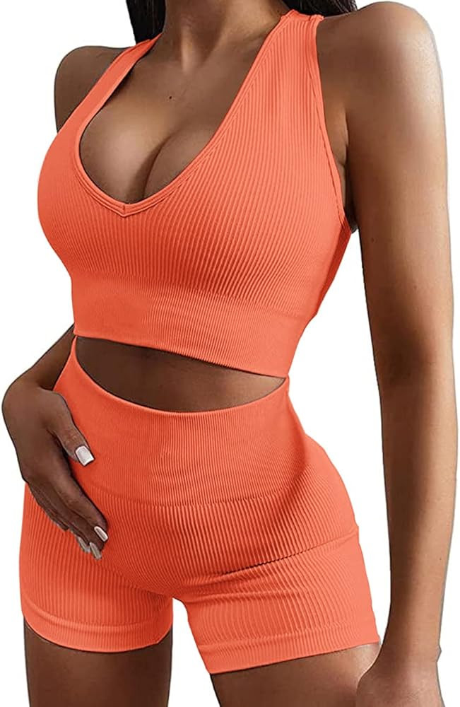 Micoson Womens Seamless Workout Sets Two Piece Exercise Outfits Ribbed Racerback Activewear Sets | Amazon (US)