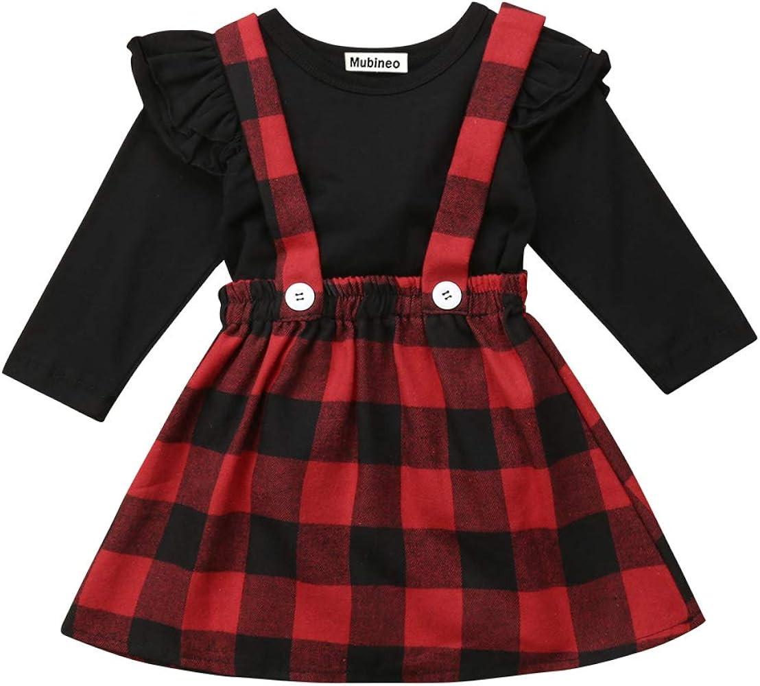 Toddler Baby Girl Infant Plain T Shirts Plaid Overall Skirt Set Cotton Outfits | Amazon (US)