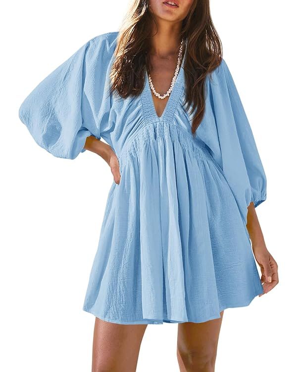 Fisoew Women's Long Sleeve Mini Dresses Deep V Neck Loose Swing Beach A Line Dress with Pockets | Amazon (US)