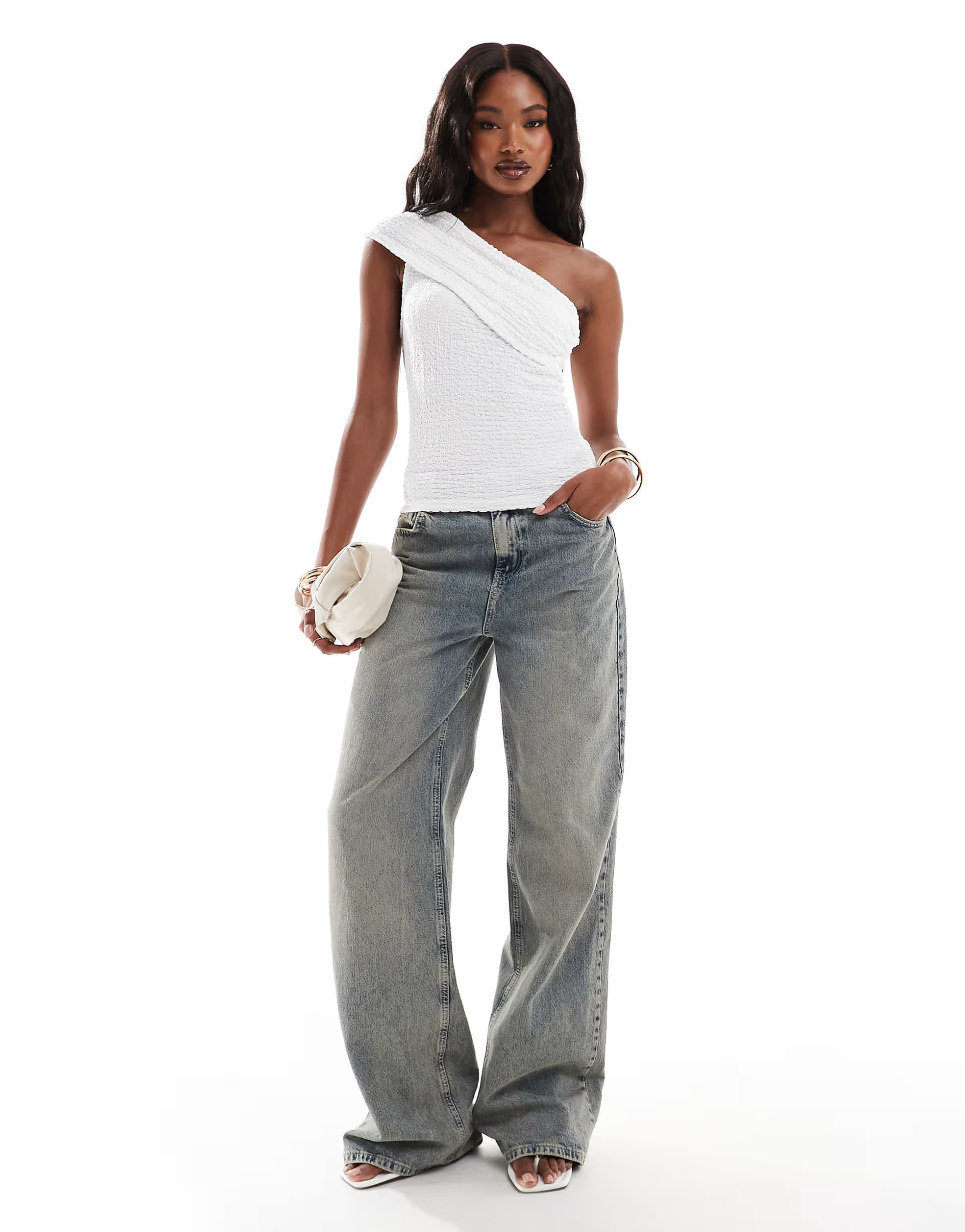 ASOS DESIGN one shoulder textured top in white | ASOS (Global)