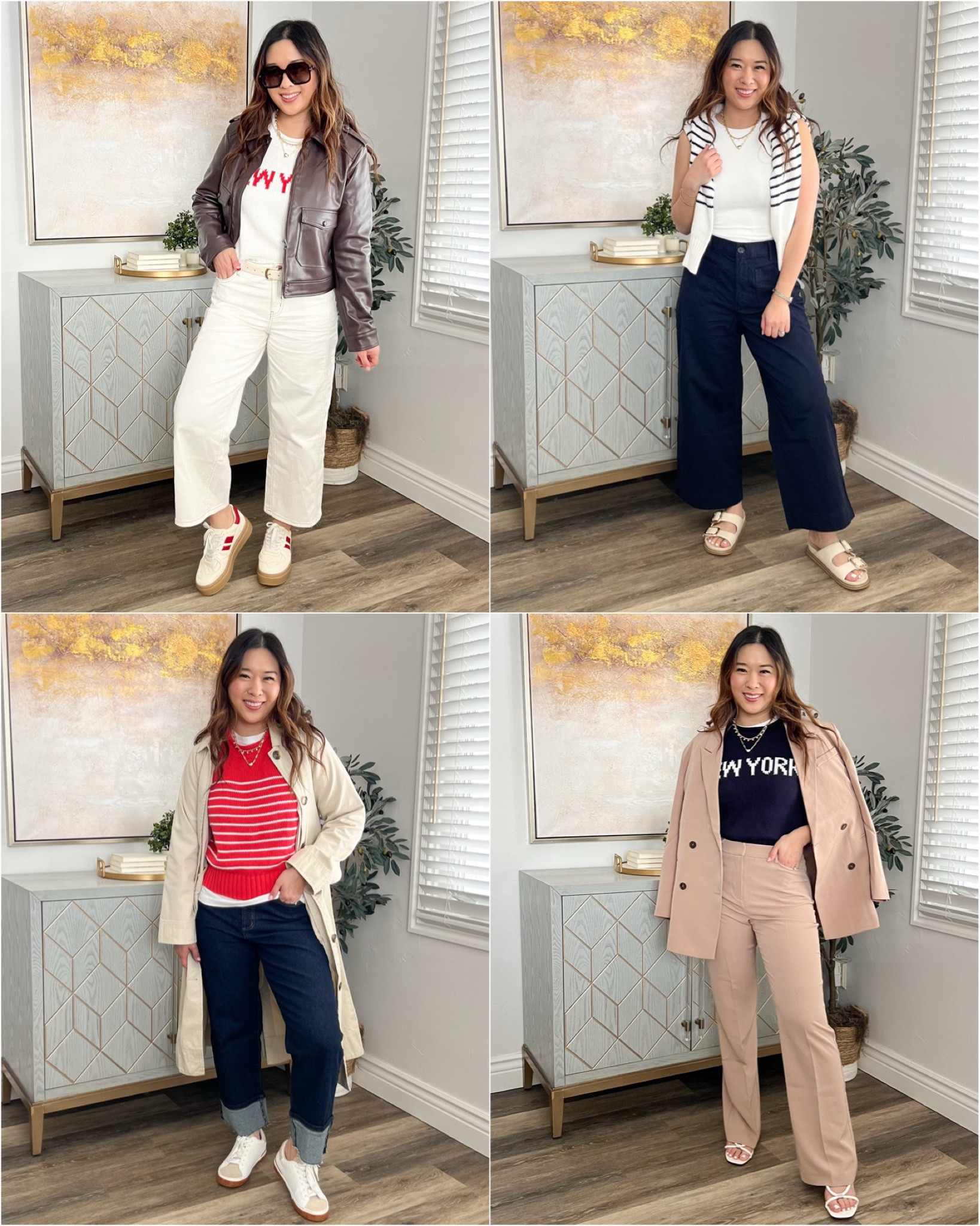 Walmart sweater 4 ways!

Sweater: Medium
White Pants: 6
Brown Faux Leather Jacket: Medium

White Bodysuit: Small
Navy Pants: Medium

White Tee: Medium
Cuffed Denim: 6
Trench Coat: Small

Blazer: Small
Khaki Trouser: 6