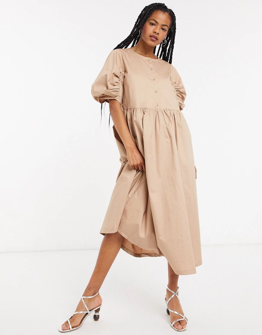 Selected puff sleeve midi dress in beige-Neutral | ASOS (Global)