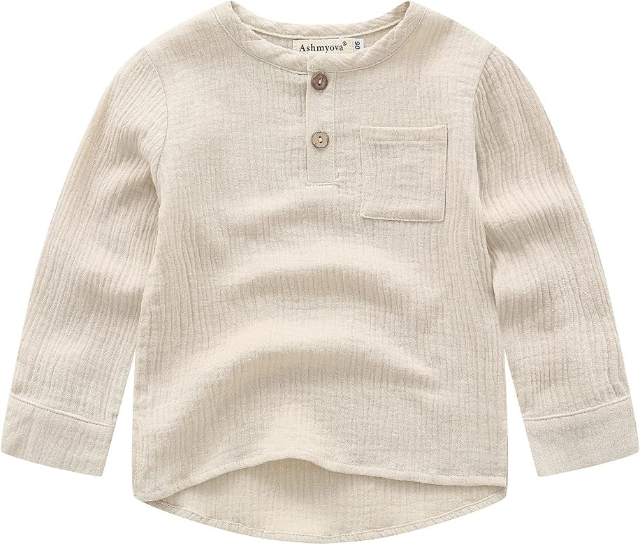 Ashmyova Boys Cotton Linen Shirt Toddler Boys Button Up Pocket Long Sleeve Blouse Dress Shirts Fa... | Amazon (US)