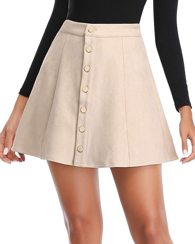 fuinloth Women's Faux Suede Skirt Button Closure A-Line High Wasit Mini Short Skirt 2020 | Amazon (US)