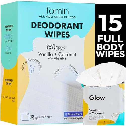 FOMIN Travel Deodorant Wipes - 15 Count - Glowing Coconut and Vanilla - pH Balanced, Hypoallergenic Mini Deodorant Wipes For Women and Men - Plastic-Free, Individually Wrapped Underarm & Body Wipes | Amazon (US)