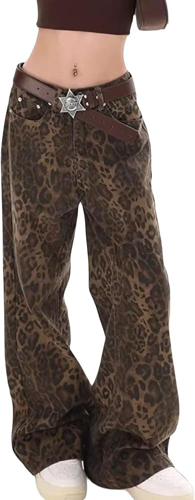 Womens Y2k Jeans Leopard Print Jeans Baggy Jeans Harajuku Streetwear Pants Straight Leg Grunge Pa... | Amazon (CA)