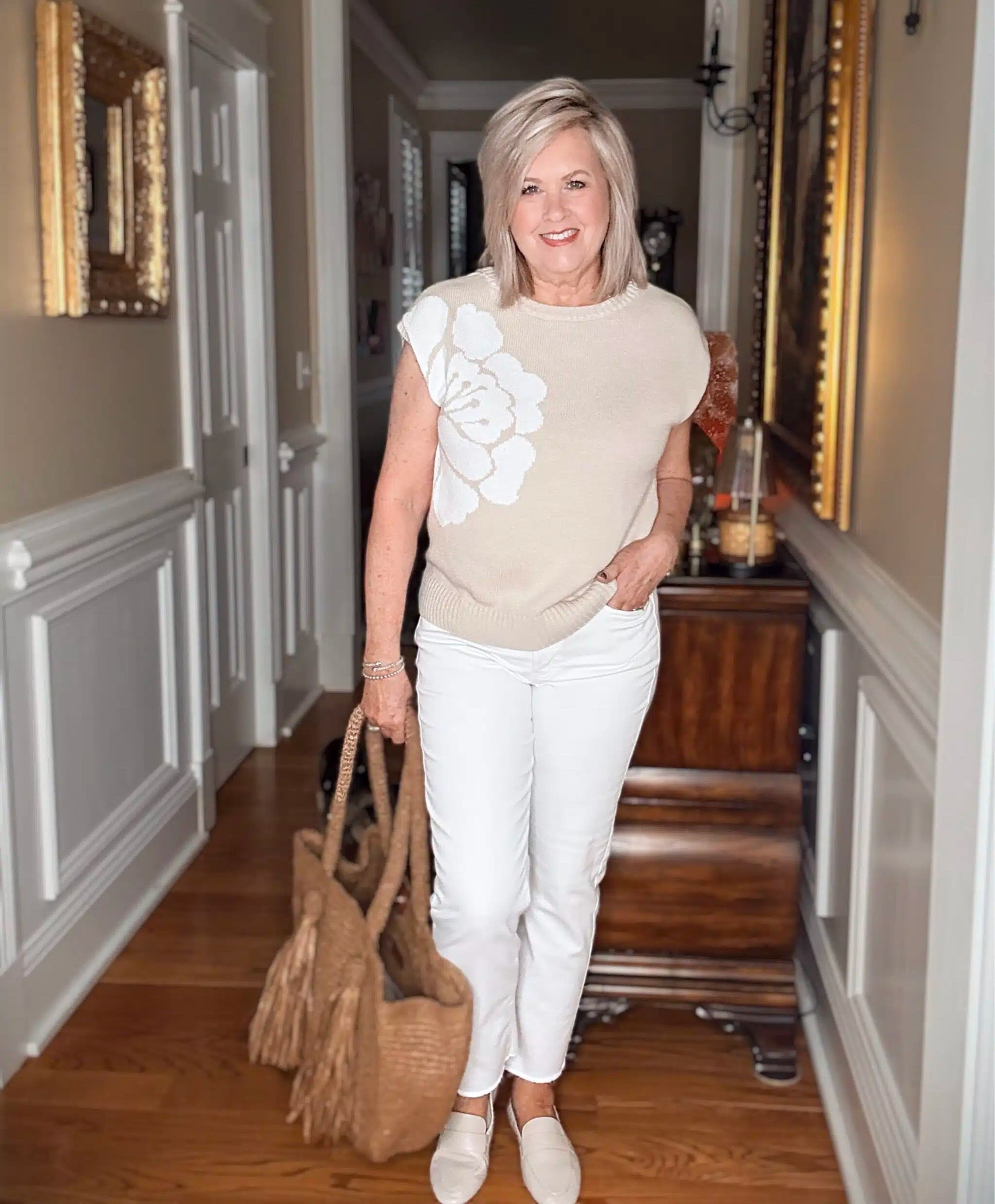Wearing soft neutrals with white jeans. This outfit is effortless and looks put together for dinner, vacation or a day at the office. My tank and pullover are both size medium, my white jeans are a size 8.

#LTKootd #LTKOver40 #LTKMidsize