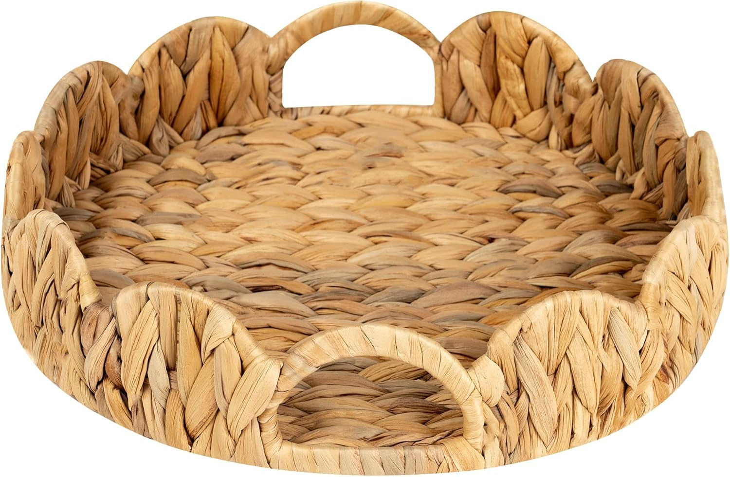 StorageWorks Scalloped Tray, Round Basket Tray Wicker Rattan Serving Tray with Handles, Scallop B... | Amazon (US)