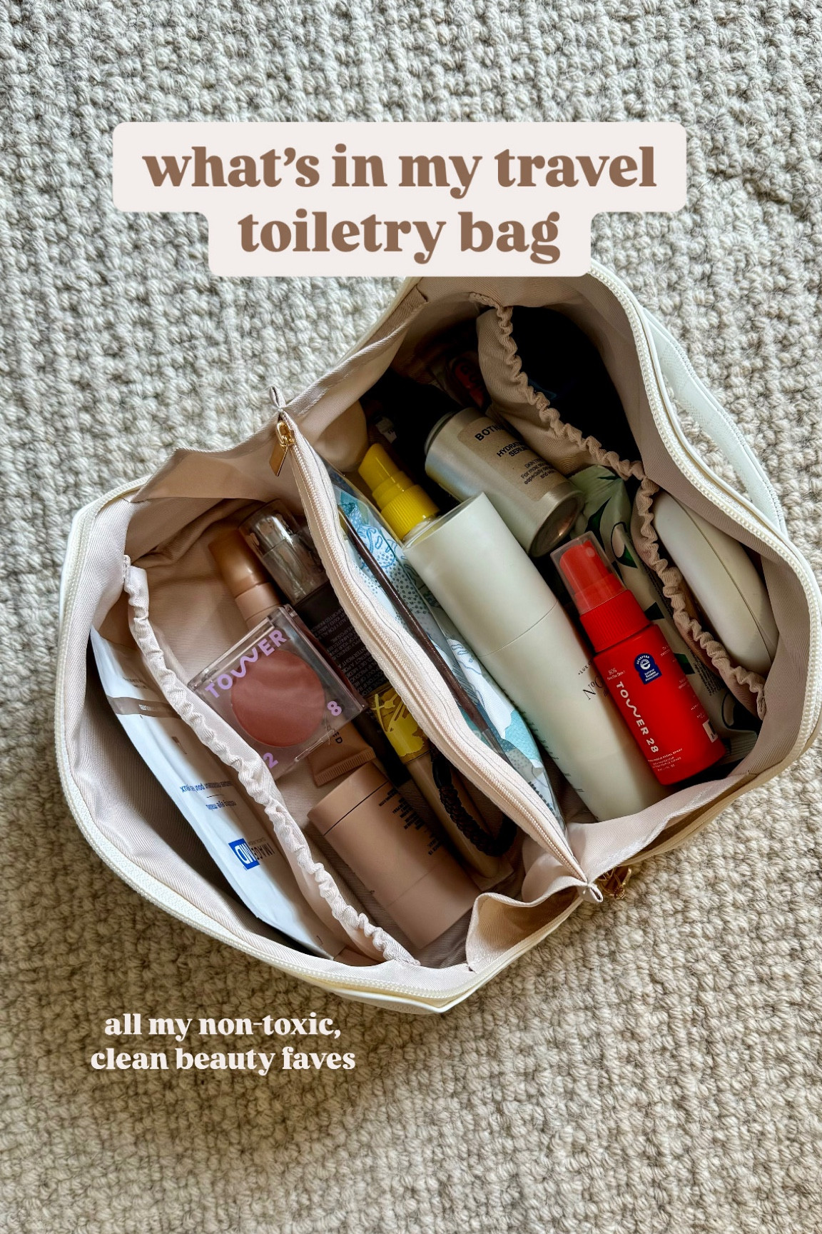 All my clean beauty toiletry and makeup faves that I packed in my carry-on  bag to head to Italy! 