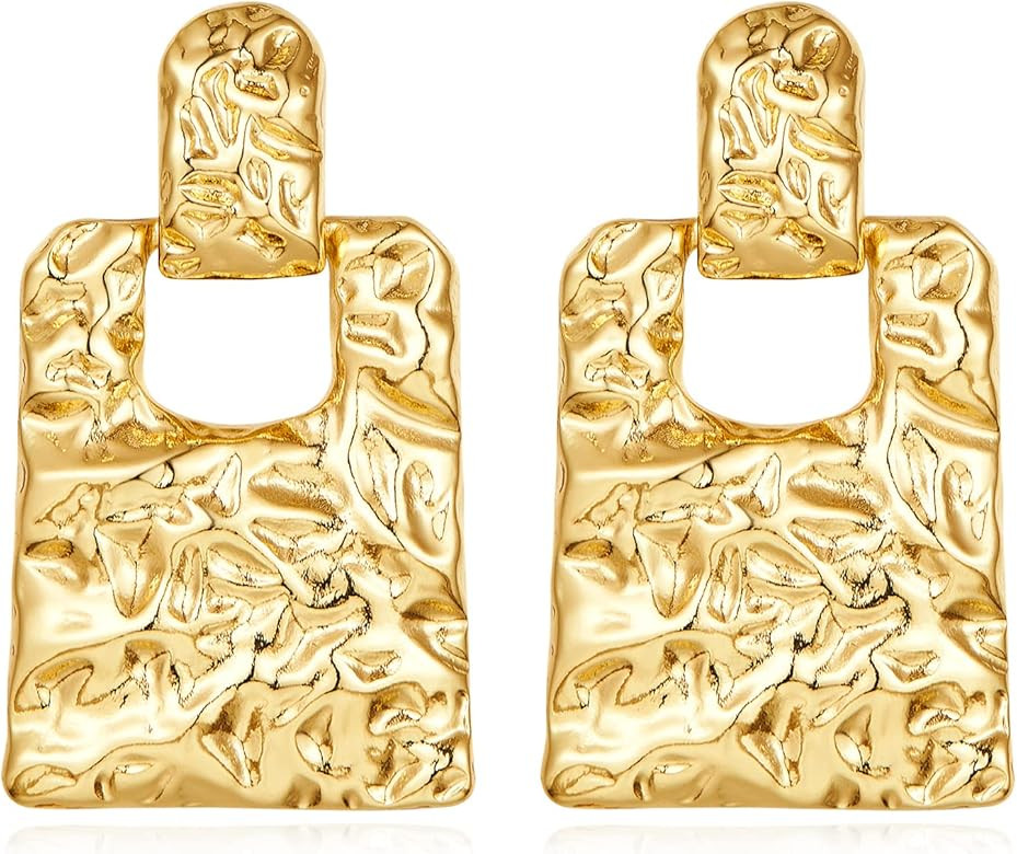Aretes colgantes geométricos rectangulares martillados de oro, aretes colgantes de aro redondos ... | Amazon (US)