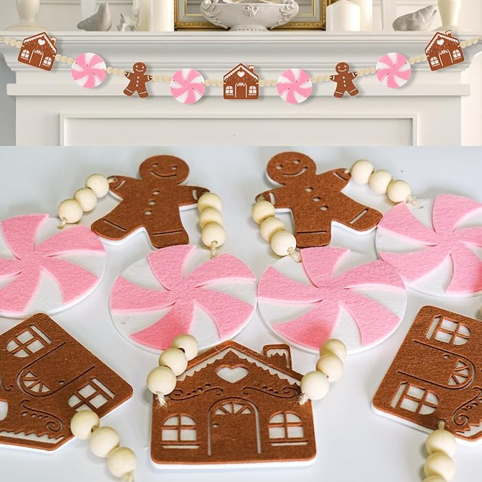 6Ft Pink Christmas Garland - Pink Candyland Christmas Ornaments Felt Gingerbread House with Wood ... | Amazon (US)