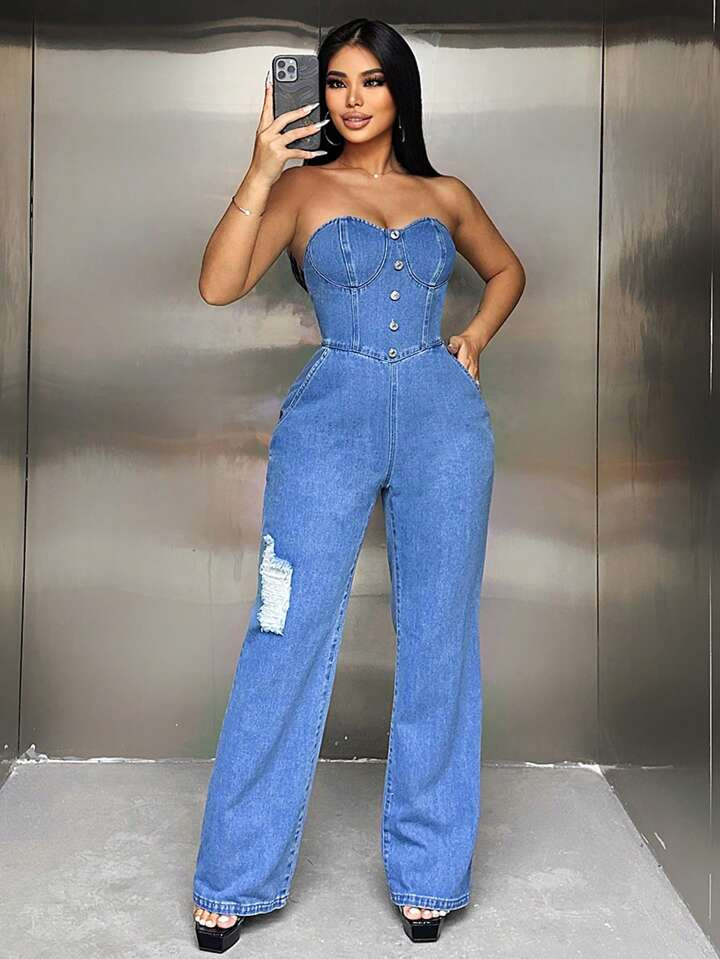 SHEIN SXY Decoration Button Strapless Denim Jumpsuit | SHEIN