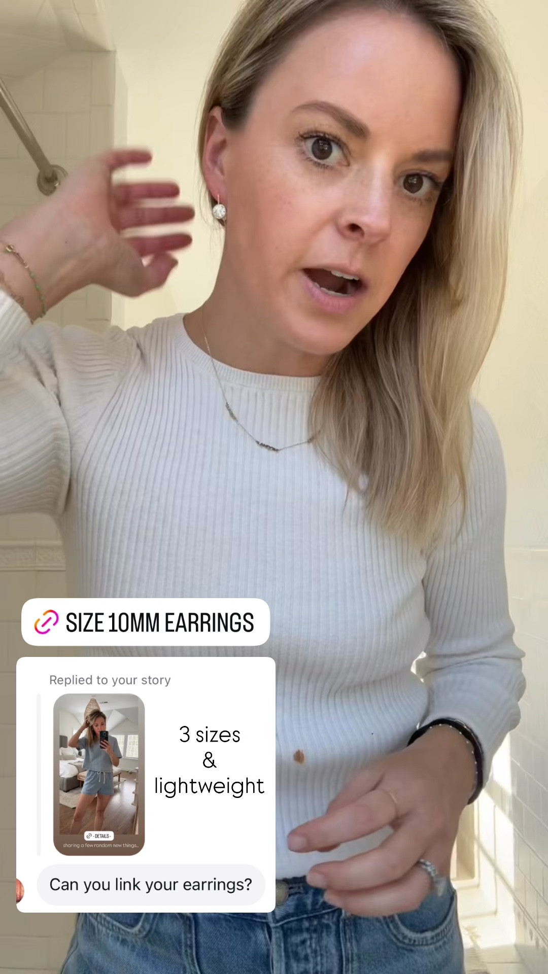 Everyday, lightweight earrings - these are the 10mm. Exact necklace is from ring concierge (not sure if they still make it) but also linked a similar option.
-small sweater 
-26R jeans, tts, I’m 5’5