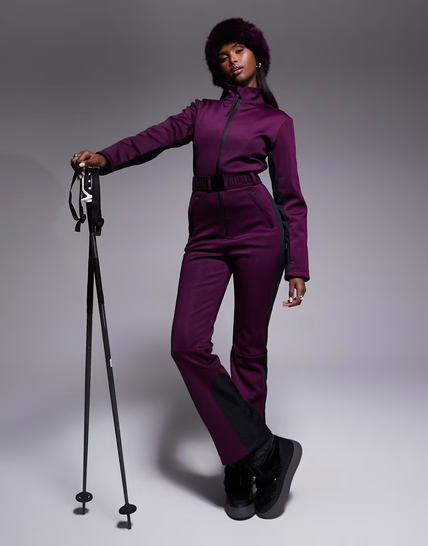 ASOS 4505 Ski soft shell retro side stripe belted ski suit in plum and black-Purple | ASOS (Global)