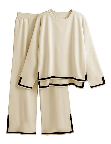 Tanming Women's 2 Piece Outfits Long Sleeve Knit Sweater Top Wide Leg Pants Lounge Sets Tracksuits (Apricot-L) | Amazon (US)
