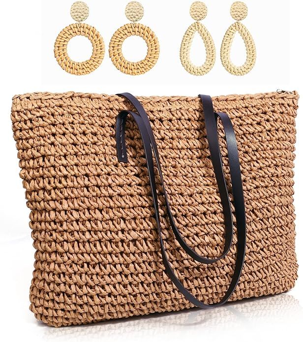 COOKOOKY Straw Beach Bag Summer Handmade Woven Shoulder Tote Bags Purse for Women | Amazon (US)