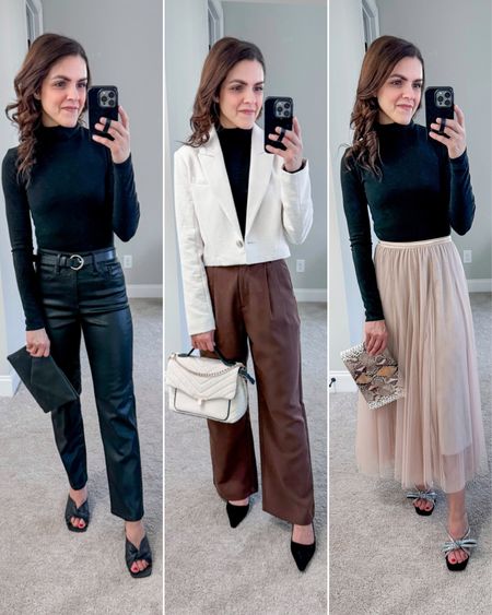 Ways to wear a black turtleneck bodysuit | linked several available

From left to right:
Coated Jean: old from Express, linked similar
Belt - J.Crew
Twist knot sandal - tts
Cropped blazer - old from Abercrombie, linked similar
Sloan tailored pant - tts
Sling back heel - tts
Tulle skirt - tts
Bow heel sandal - tts 
Clutch & top handle bag - Target


#LTKstyletip