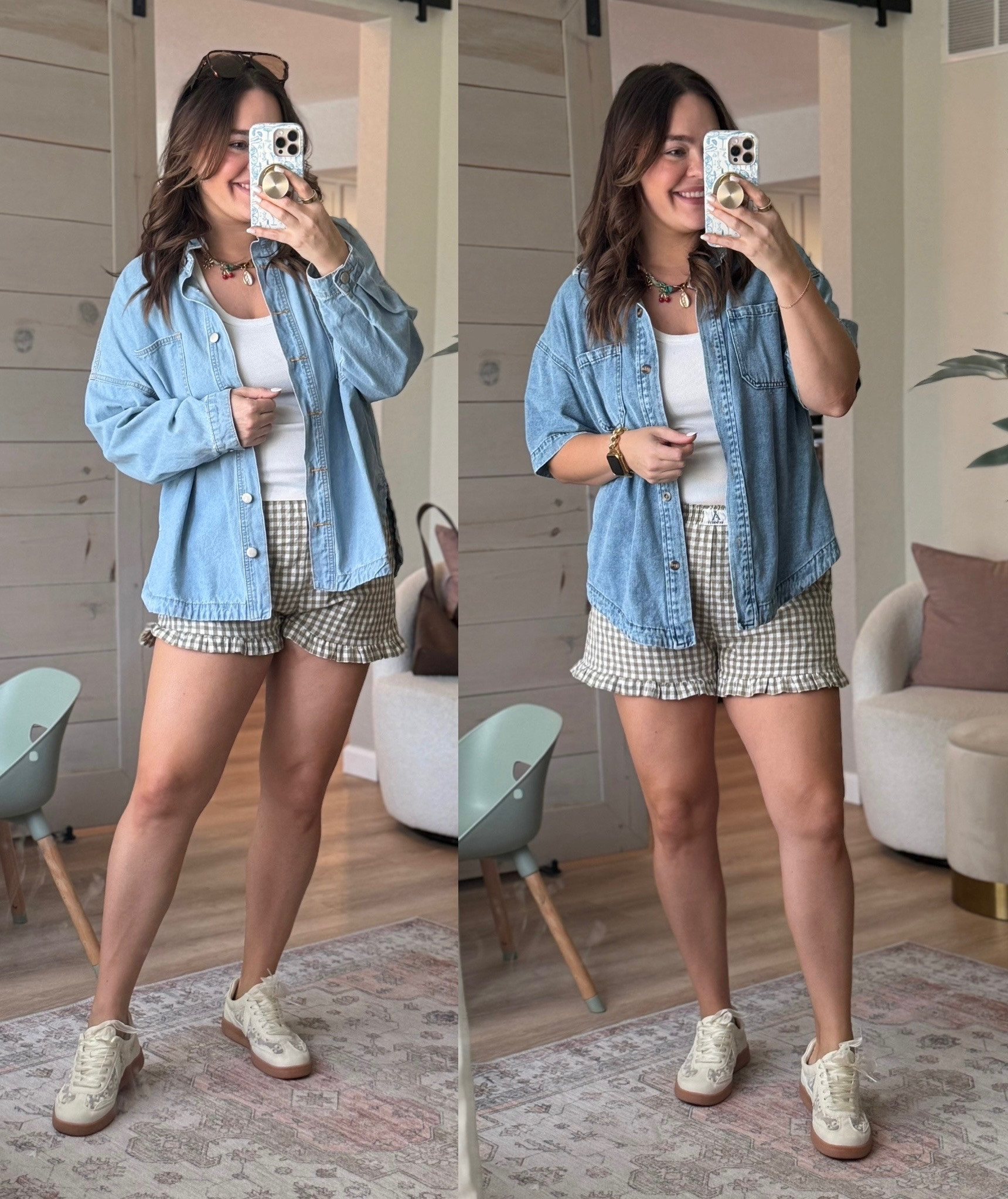 Summer to fall look! #summertofallfashion #midsizemomstyle #ginghamshorts #denimjacket #denimskirt 

 #LTKootd #LTKmomlife #LTKMidsize