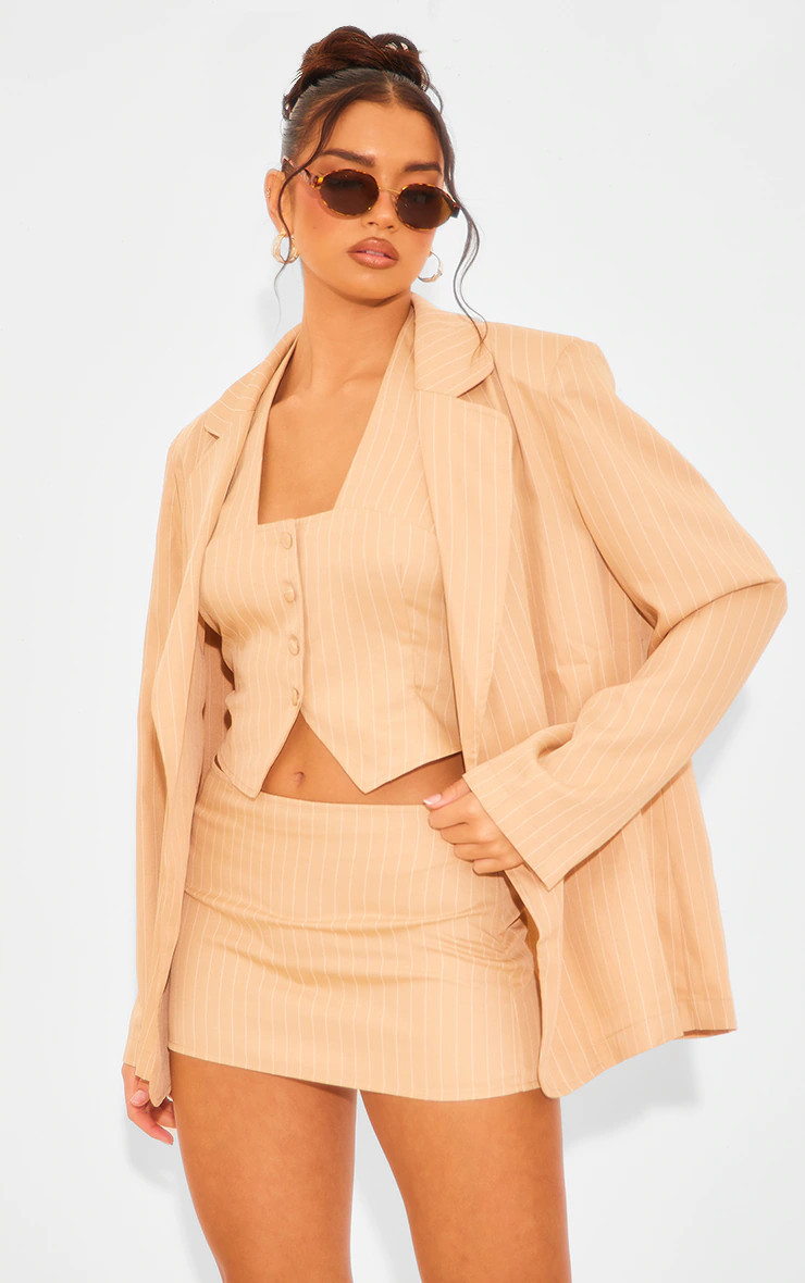 Taupe Woven Pinstripe Oversized Dad Blazer | PrettyLittleThing US
