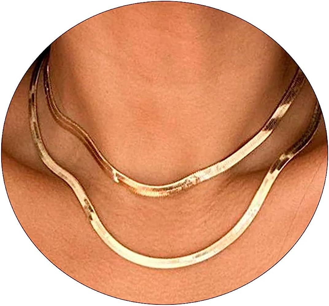 Amazon.com: Tasiso 14K Gold Plated Herringbone Choker Necklace Set Double Layer Snake Chain Double H | Amazon (US)