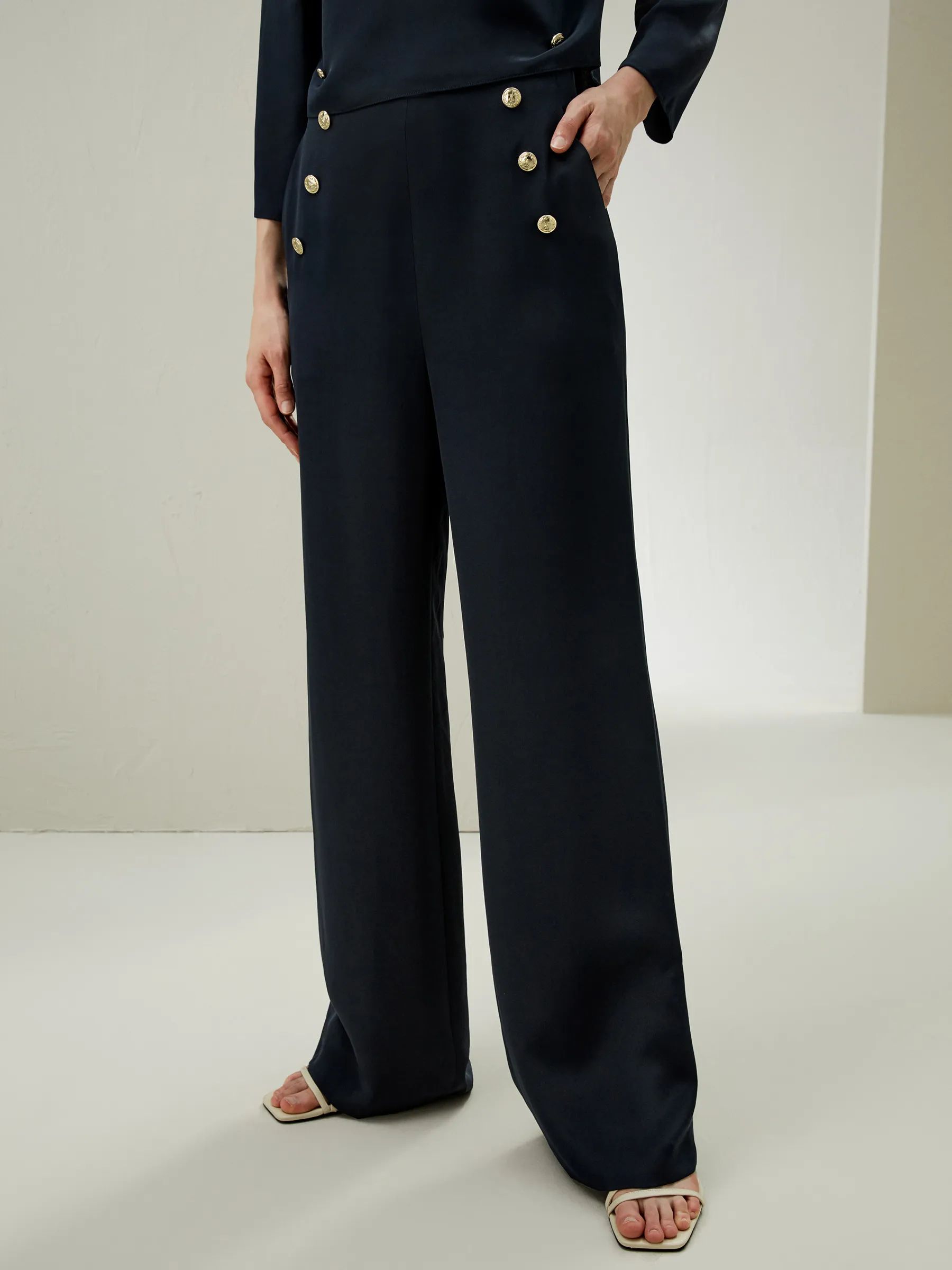 Dubrovnik Button Front Wide Leg Silk Trousers | LilySilk