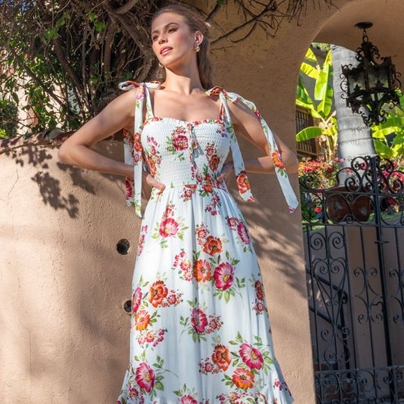 Trisha Dress- midi floral dress with shoulder ties | Poshmark