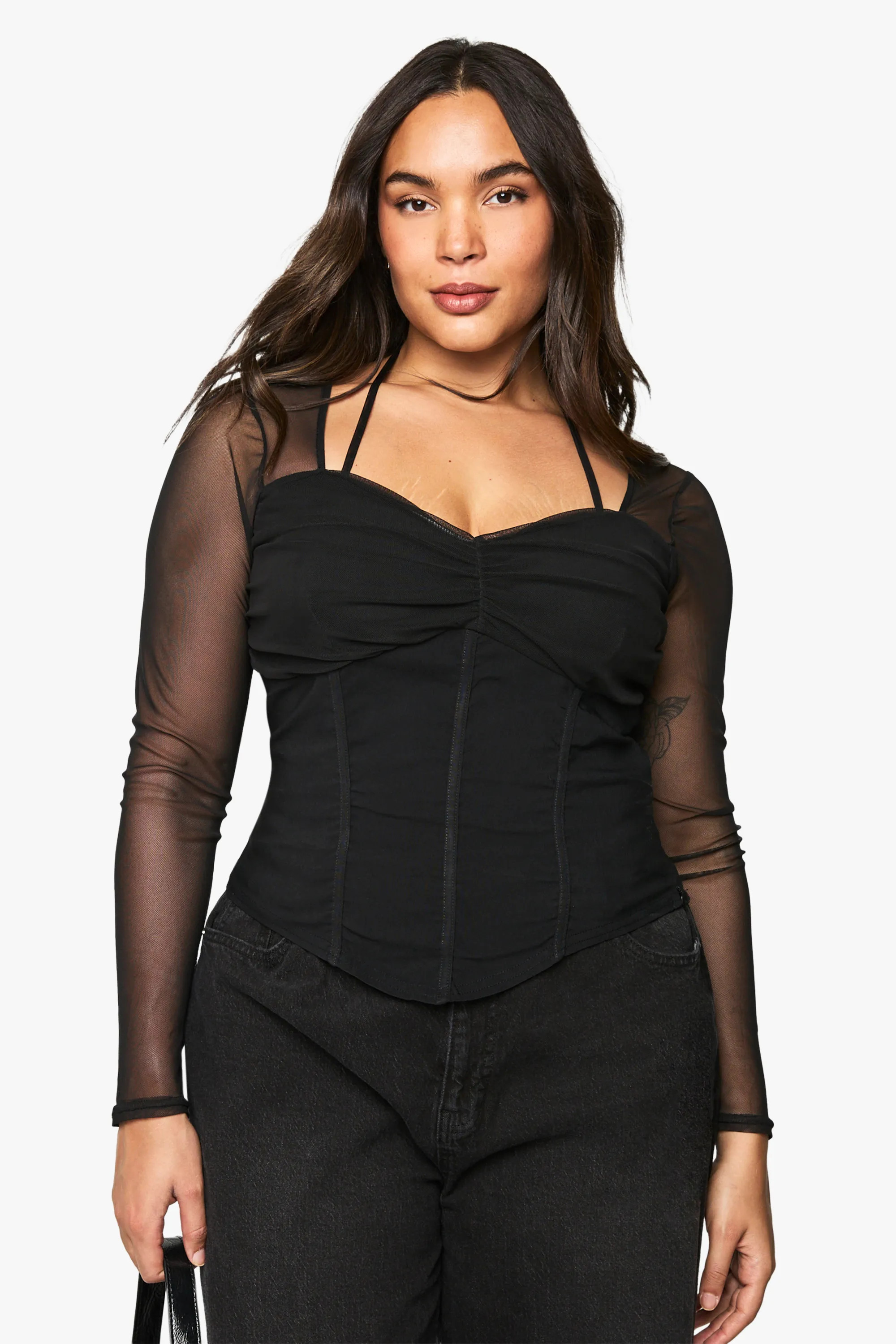 Black Plus Bengaline Mesh Sleeve Corset Top | Boohoo USA | boohoo (US & Canada)