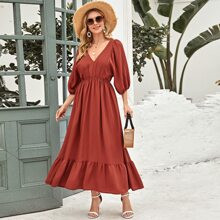 Ruffle Hem Tie Back Bishop Sleeve Dress | SHEIN