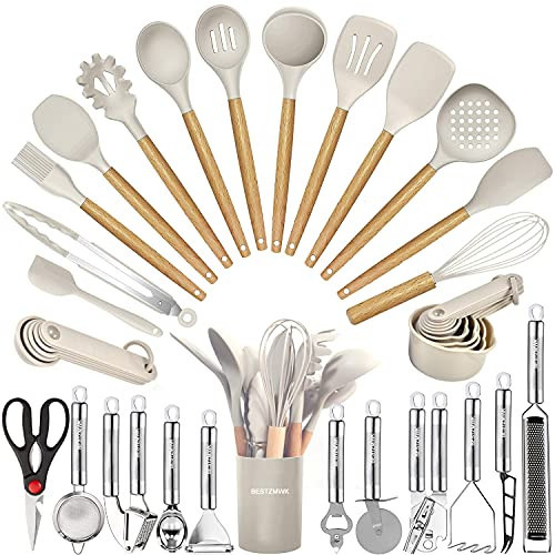Kitchen Utensils Set- 35 PCs Cooking Utensils with Grater,Tongs, Spoon Spatula &Turner Made of Heat Resistant Food Grade Silicone and Wooden Handles Kitchen Gadgets Tools Set for Nonstick Cookware | Amazon (US)