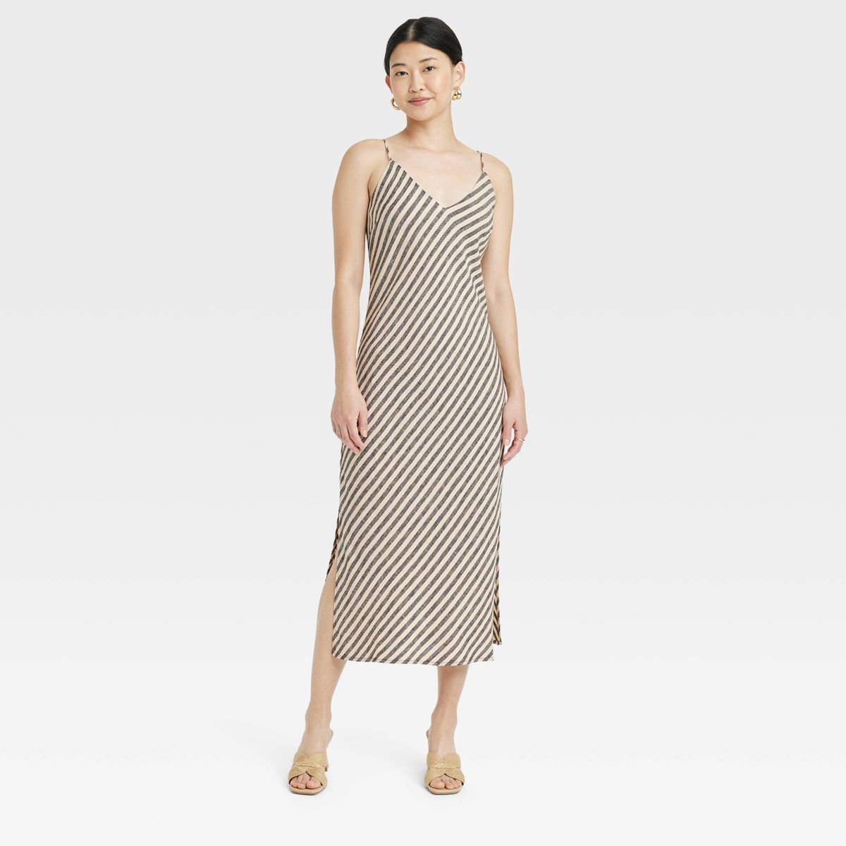 Women's Linen Slip Dress - A New Day™ Tan/Black Striped L | Target