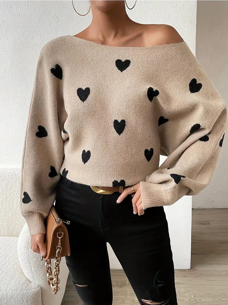 Heart Print High Stretch Pullover Sweater, Casual Long Sleeve Knitted Sweater For Spring & Fall, ... | Temu Affiliate Program