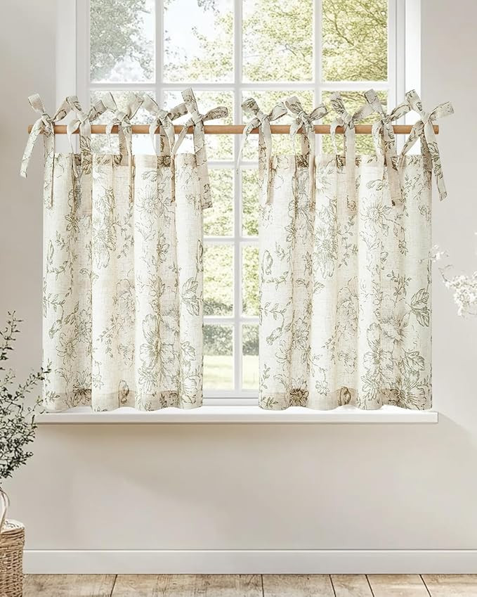 jinchan Floral Linen Tier Curtains 24 Inch Farmhouse Cafe Curtains Tie Top Botanic Drapes for Sma... | Amazon (US)