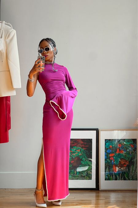 Pearl Trim Maxi Dress 💖 Jewelry from Lapo Lounge. 

#LTKparties #LTKHoliday #LTKstyletip